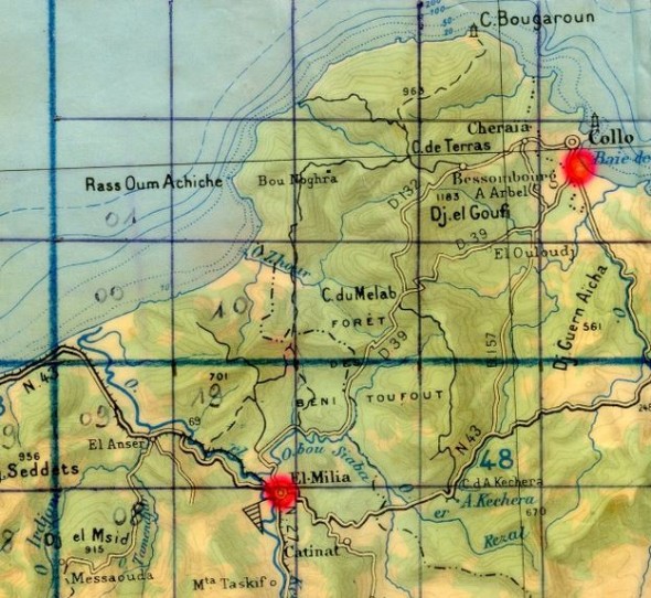  L'opération se déroule à quelques 40 kilomètres de DJIDJELLI aux abords du littoral .La zone d' engagement est limitée au Nord par la cote ,à l' est par le cours de l' Oued ZHOUR,au sud par la route D 39,à l'ouest par le cours de l' Oued EL KEBIR .Cette opération est placée sous les ordres du Colonel GAUME Commandant le Secteur d' EL MILIA et le 3° Régiment Etranger d' Infanterie)"